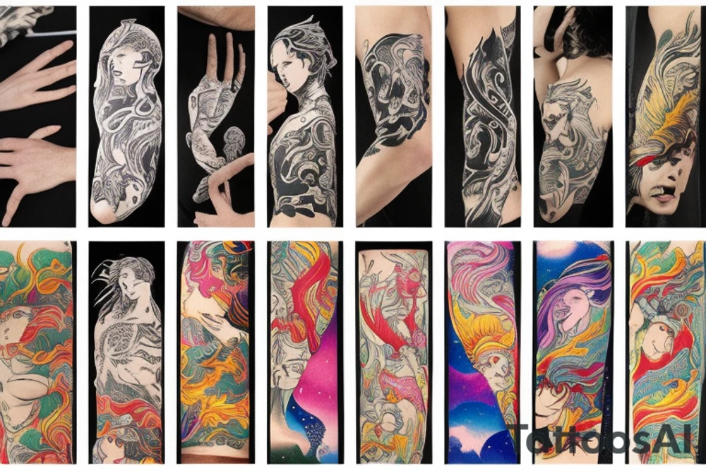 Colorful bright arm sleeve izumi norse tattoo idea