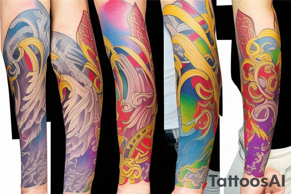 Colorful bright arm sleeve izumi norse tattoo idea