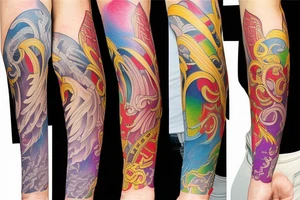 Colorful bright arm sleeve izumi norse tattoo idea