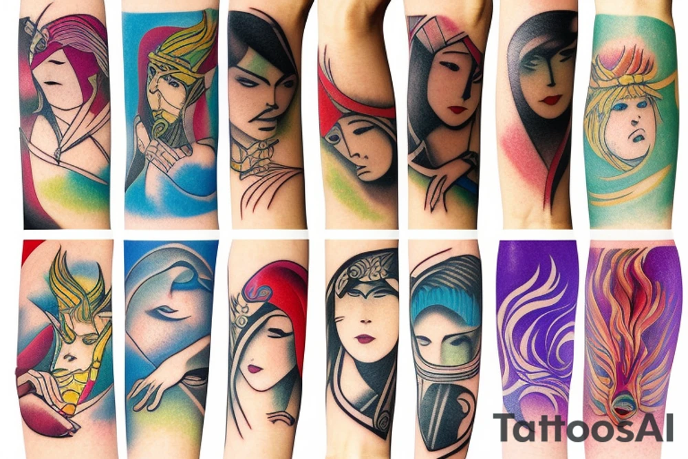 Colorful bright arm sleeve izumi norse tattoo idea