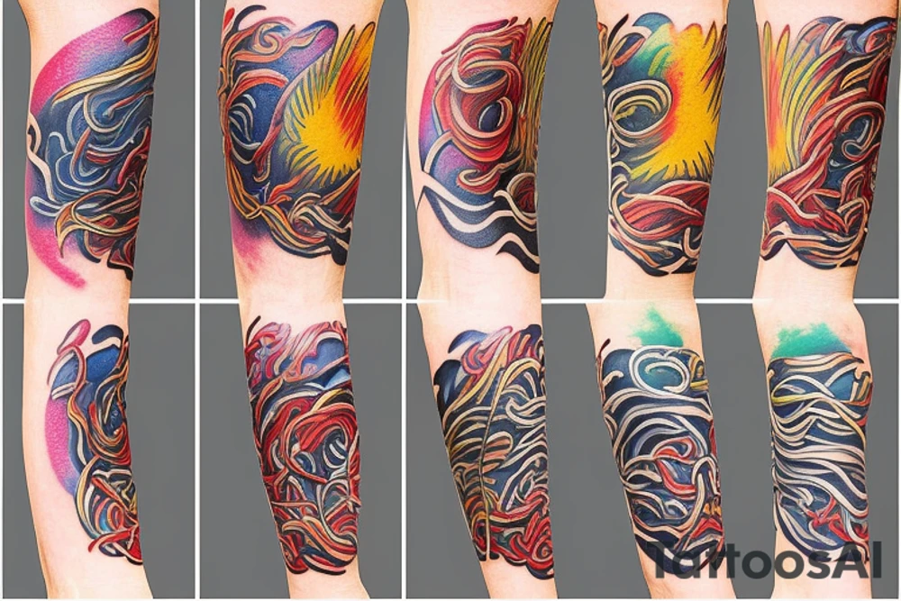 Colorful bright arm sleeve izumi norse tattoo idea
