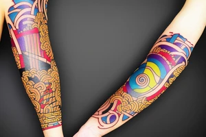Colorful bright arm sleeve izumi norse tattoo idea