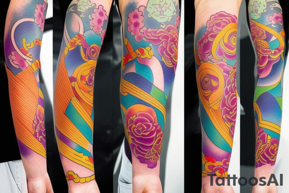 Colorful bright arm sleeve izumi tattoo idea