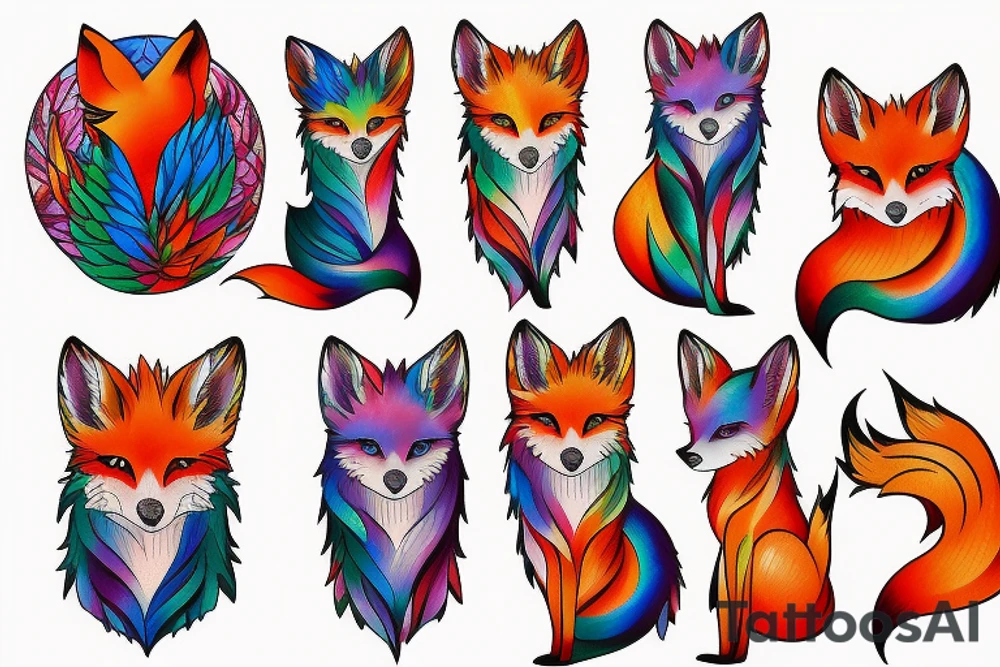 Colorful bright fox statue tattoo idea