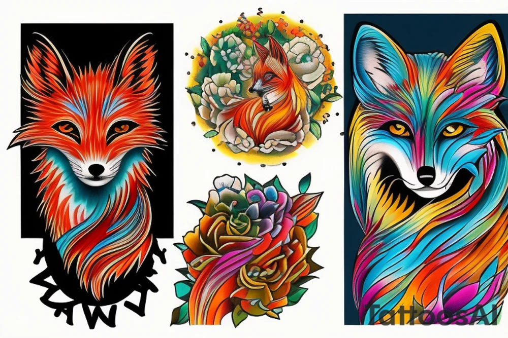 Colorful bright fox statue tattoo idea