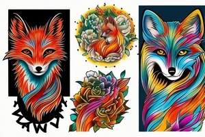 Colorful bright fox statue tattoo idea