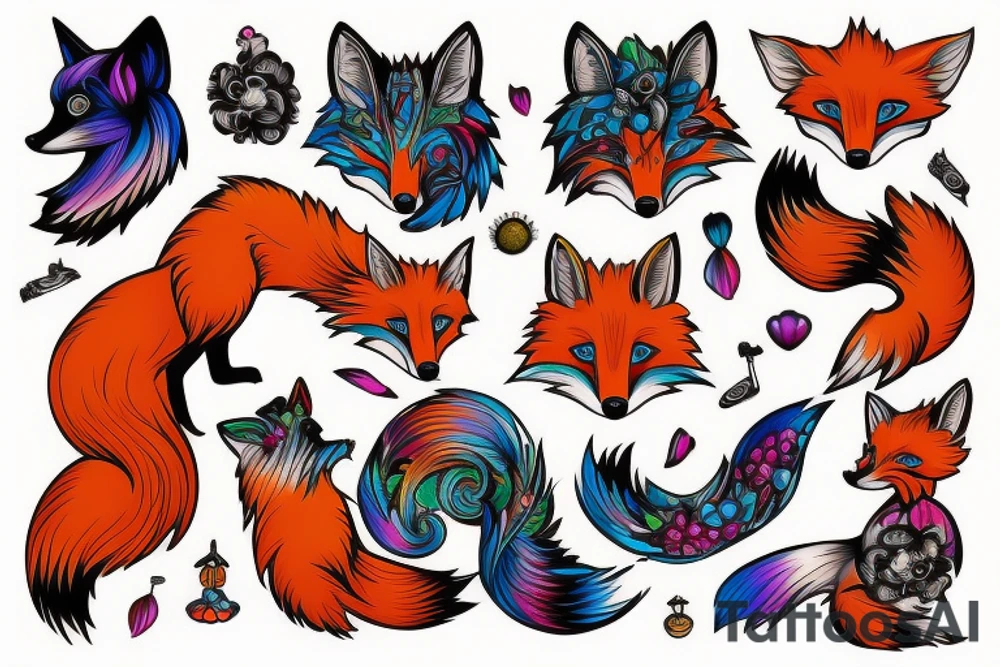 Colorful bright fox stone tattoo idea