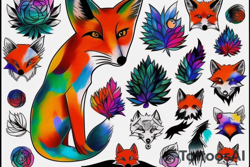 Colorful bright fox stone tattoo idea