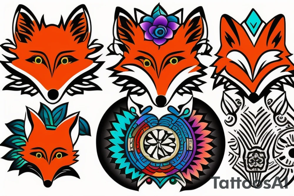 Colorful bright fox stone tattoo idea