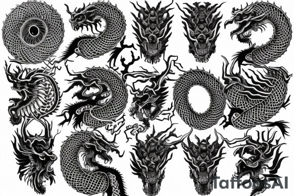 Thorns Chinese Dragon Spiral Helix Skulls Runes Dread Stoic Serene Inspiring Badass Mural tattoo idea