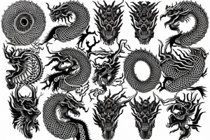 Thorns Chinese Dragon Spiral Helix Skulls Runes Dread Stoic Serene Inspiring Badass Mural tattoo idea