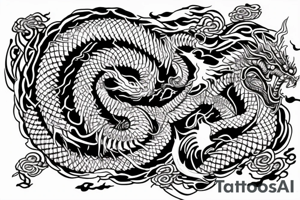 Thorns Chinese Dragon Spiral Helix Skulls Runes Dread Stoic Serene Inspiring Badass Mural tattoo idea
