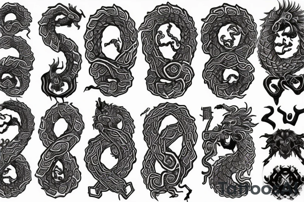 Thorns Chinese Dragon Spiral Helix Skulls Runes Dread Stoic Serene Inspiring Badass Mural tattoo idea