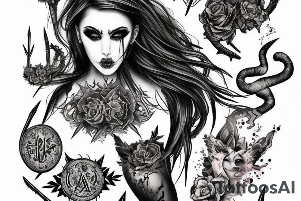 Demonic Badass Woman Babe Thorns Smokey Intricate Detailed Pretty Runes tattoo idea