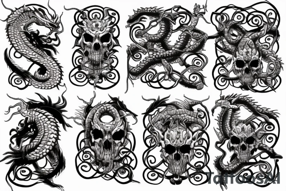 Thorns Chinese Dragon Spiral Helix Skulls Dread Stoic Serene Inspiring Badass Mural tattoo idea