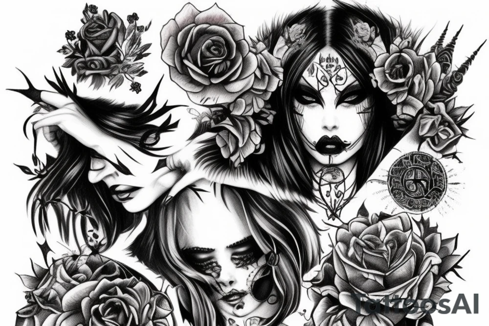 Demonic Badass Woman Babe Thorns Smokey Intricate Detailed Pretty Runes Beautiful tattoo idea