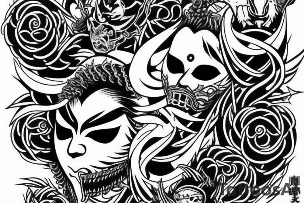 Thorns Hanya Mask Oni Dread Stoic Serene Inspiring Badass Mural tattoo idea