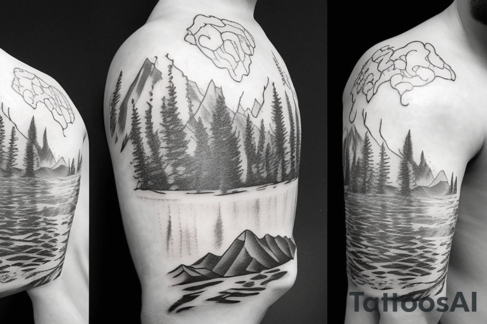 A mountain lake with trees tattoo idea