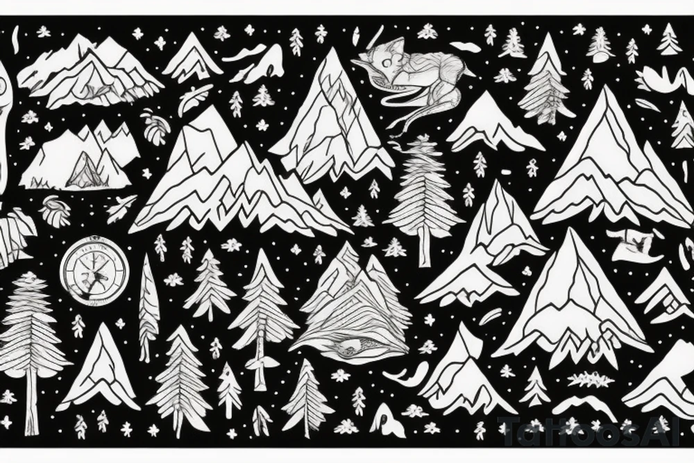 A mountain lake with trees and a fox tattoo idea