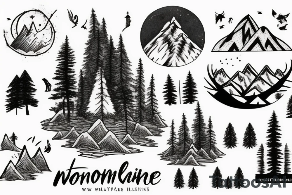A mountain lake with trees and a fox tattoo idea