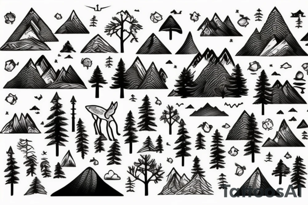 A mountain lake with trees and a fox tattoo idea