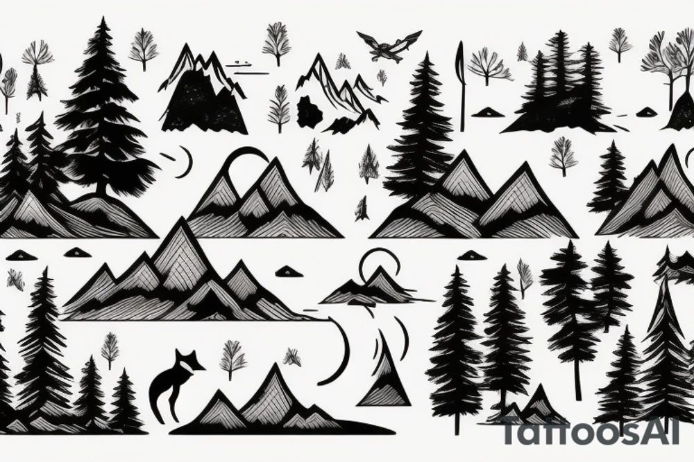 A mountain lake with trees and a fox tattoo idea