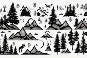 A mountain lake with trees and a fox tattoo idea