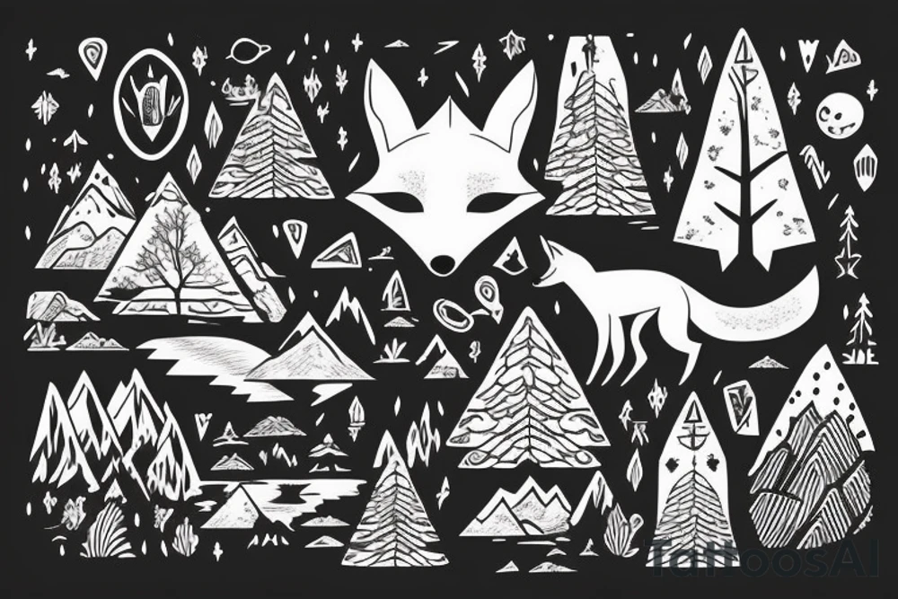 A fox at a mountain lake with trees tattoo idea