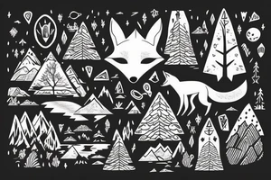 A fox at a mountain lake with trees tattoo idea