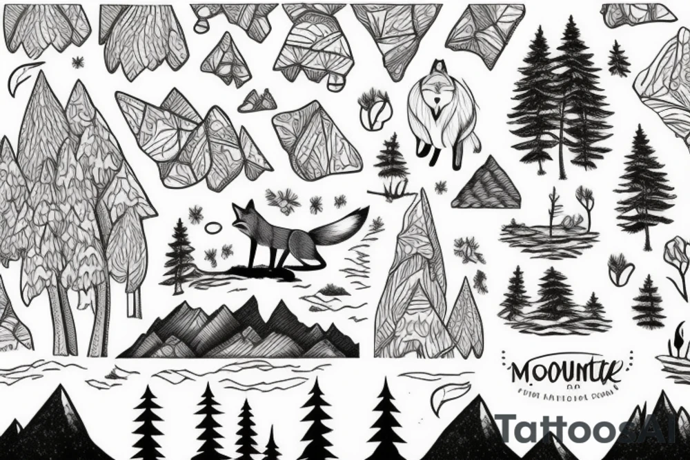 A fox at a mountain lake with trees tattoo idea