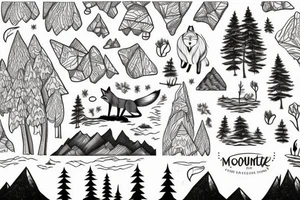 A fox at a mountain lake with trees tattoo idea