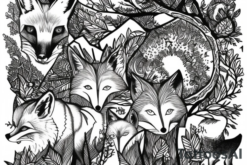 A fox at a mountain lake with trees tattoo idea