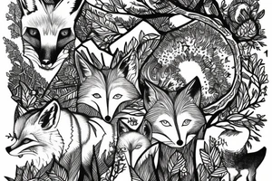 A fox at a mountain lake with trees tattoo idea