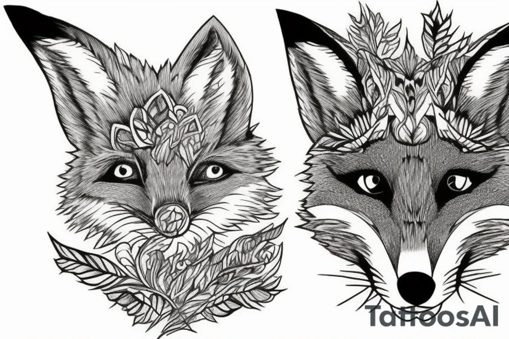 A fox at a mountain lake with trees tattoo idea