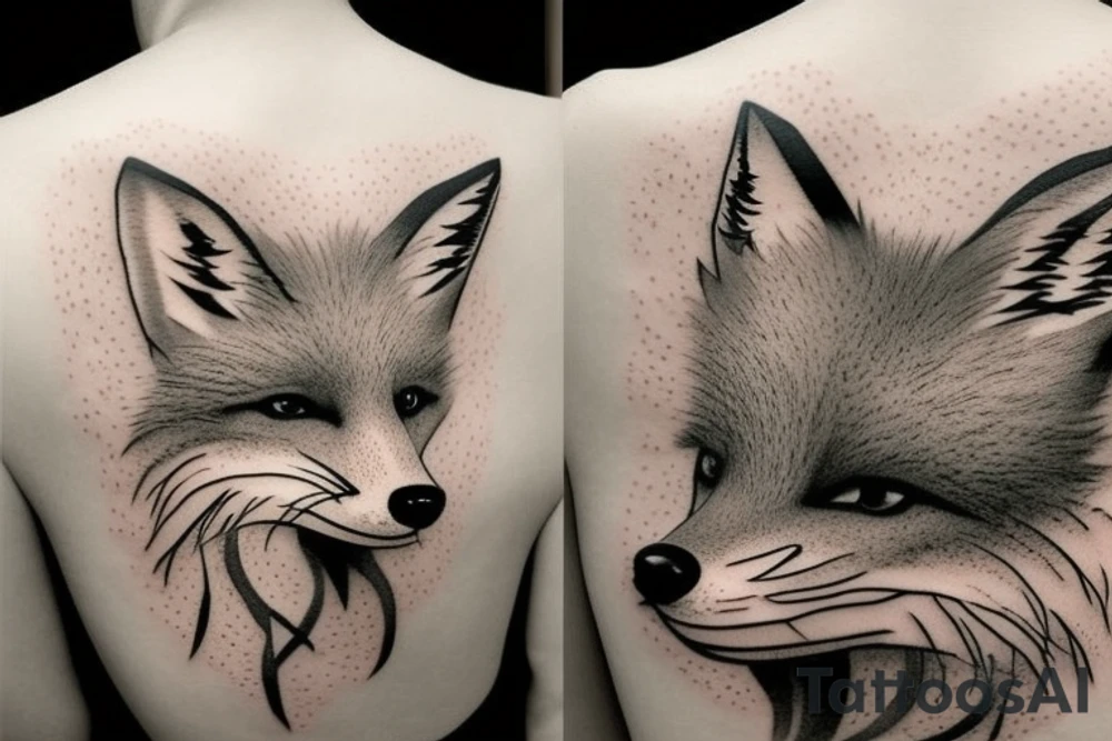A fox at a mountain lake with trees tattoo idea