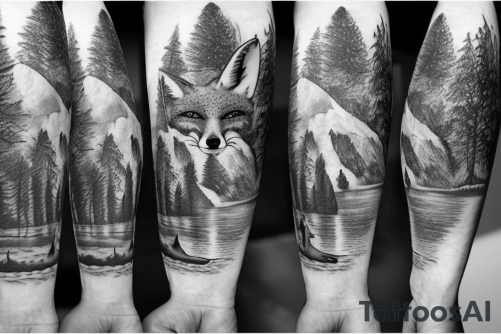 A fox at a mountain lake with trees tattoo idea