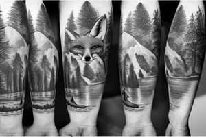 A fox at a mountain lake with trees tattoo idea