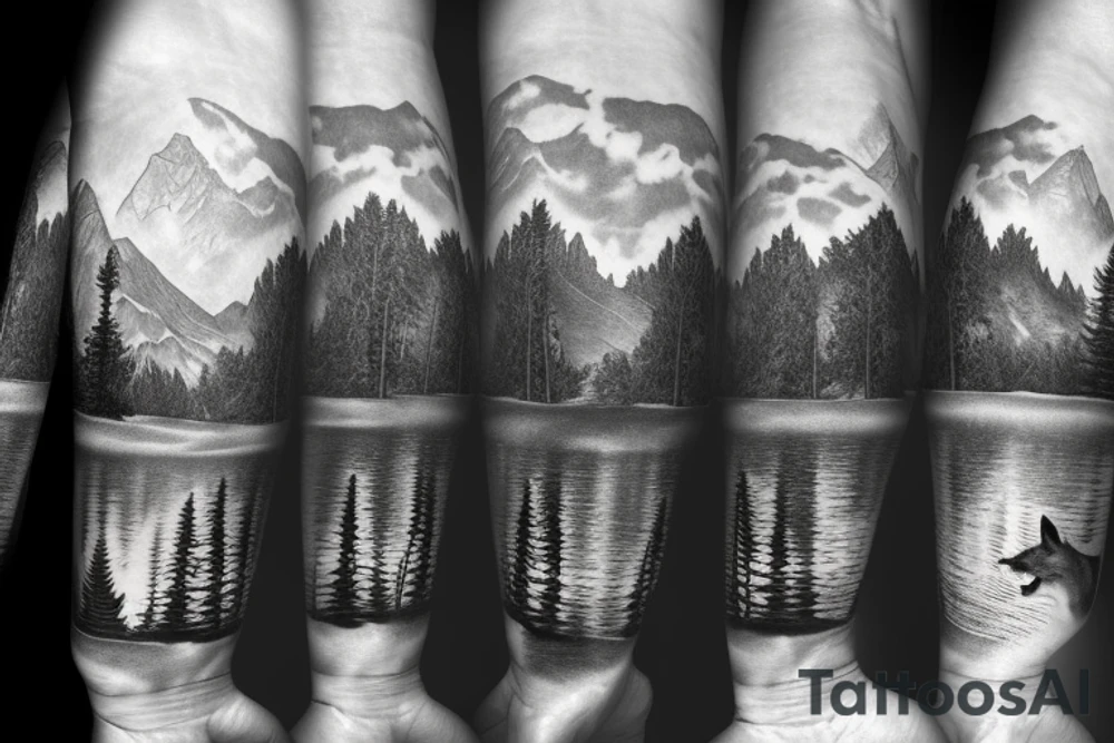A fox at a mountain lake with trees tattoo idea