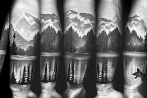 A fox at a mountain lake with trees tattoo idea
