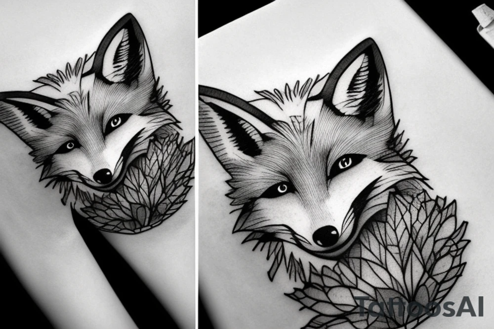 A fox at a mountain lake with trees tattoo idea