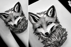 A fox at a mountain lake with trees tattoo idea