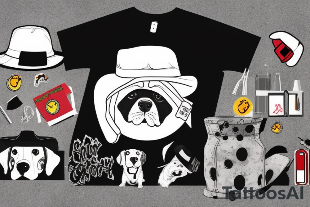 A dog with a coat and a bucket hat tattoo idea