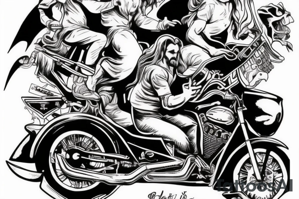The devil and Jesus riding together in a motorcycle where Jesus is in the sidecar tattoo idea