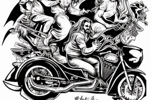 The devil and Jesus riding together in a motorcycle where Jesus is in the sidecar tattoo idea