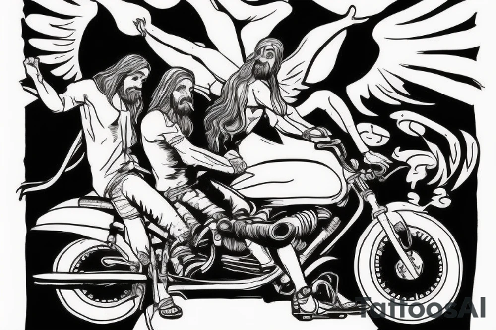 The devil and Jesus riding together in a motorcycle where Jesus is in the sidecar tattoo idea