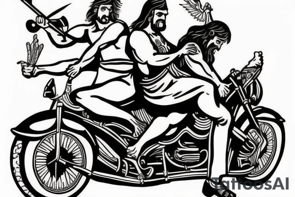 The devil and Jesus riding together in a motorcycle where Jesus is in the sidecar tattoo idea