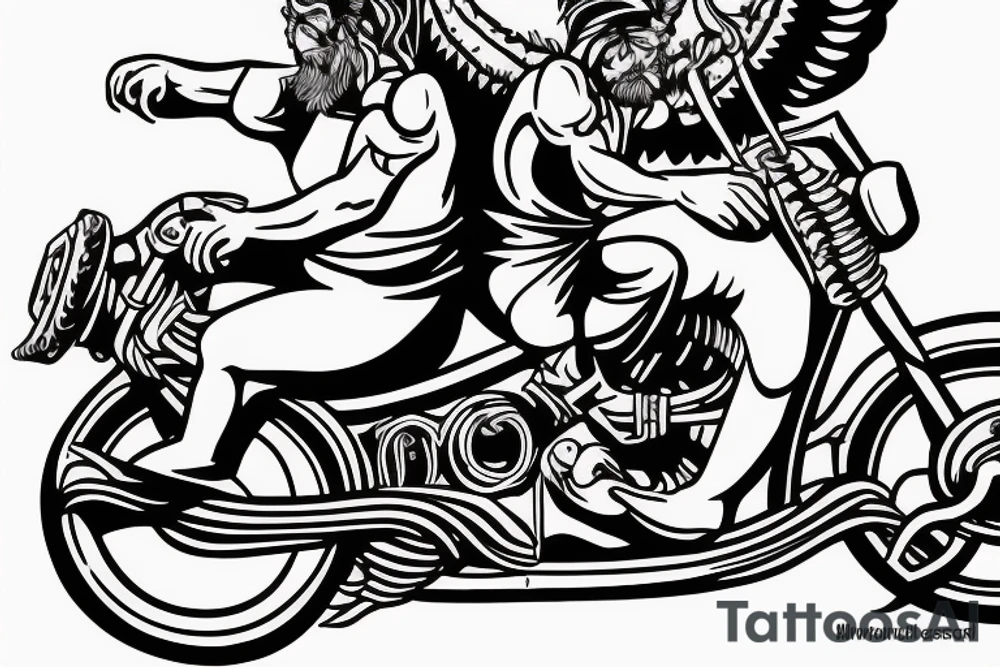 The devil and Jesus riding together in a motorcycle where Jesus is in the sidecar and Lucifer is driving tattoo idea