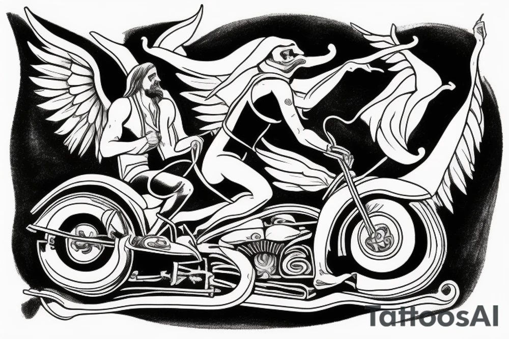The devil and Jesus riding together in a motorcycle where Jesus is in the sidecar and Lucifer is driving tattoo idea
