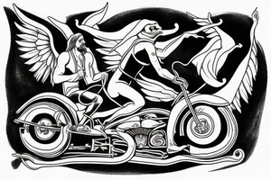 The devil and Jesus riding together in a motorcycle where Jesus is in the sidecar and Lucifer is driving tattoo idea