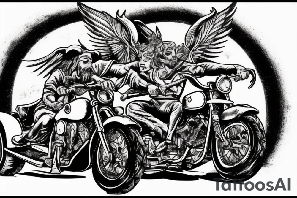 The devil and Jesus riding together in a motorcycle where Jesus is in the sidecar and Lucifer is driving tattoo idea